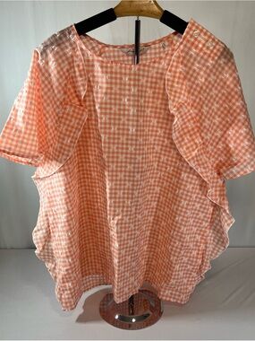 Foxcroft Angela Gingham Clip Dot Ruffle Blouse NWT Size 14 Peach Sorbet Cotton